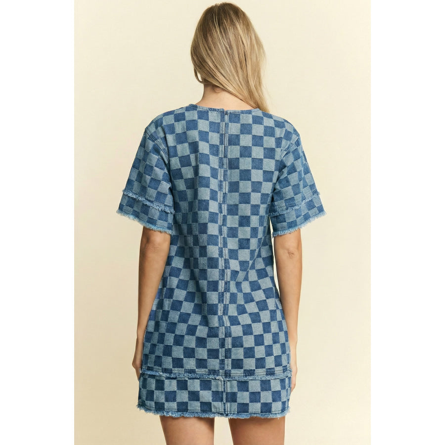 Sky Blue Frayed Hem Checkered Denim Mini Dress Sky Blue / S / 56% Cotton + 44% Polyester Dresses/Mini Dresses