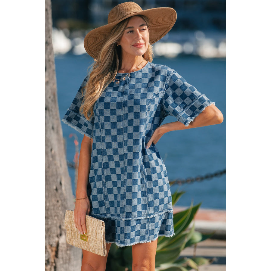 Sky Blue Frayed Hem Checkered Denim Mini Dress Dresses/Mini Dresses