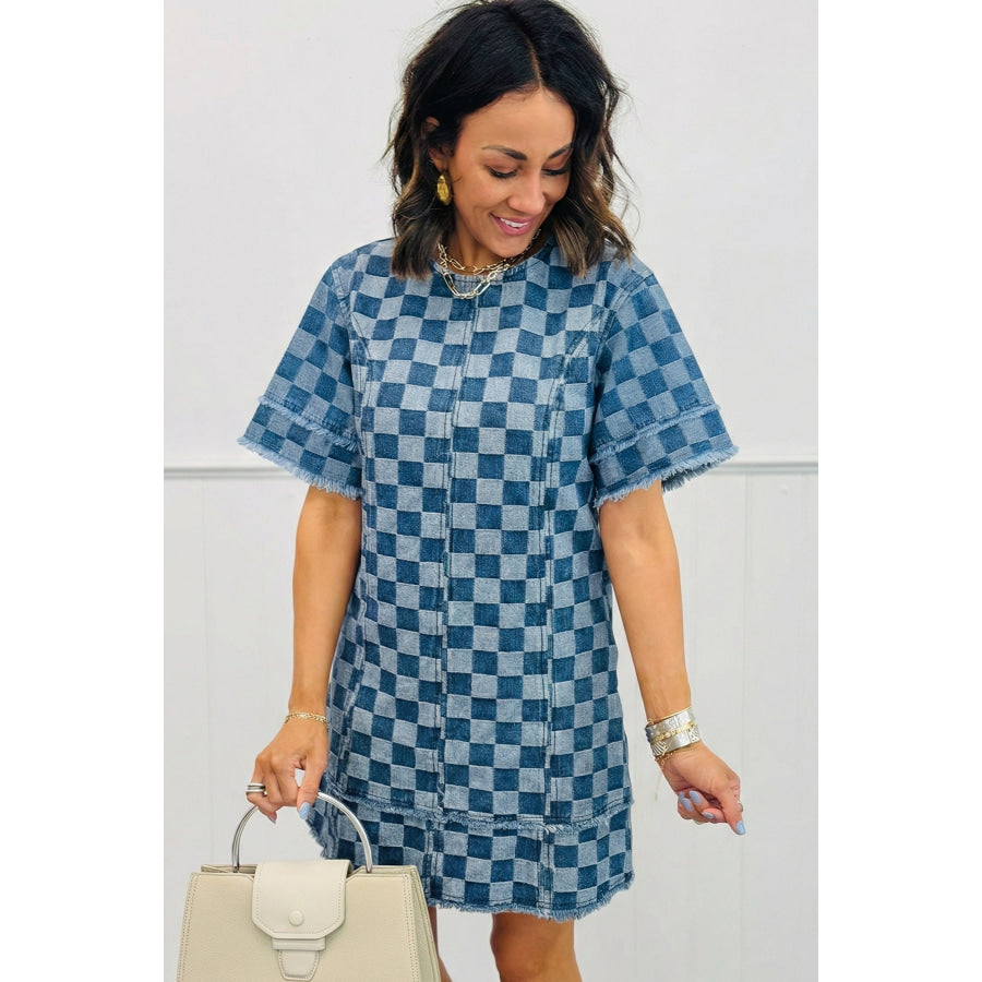 Sky Blue Frayed Hem Checkered Denim Mini Dress Dresses/Mini Dresses