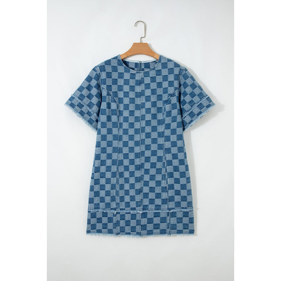 Sky Blue Frayed Hem Checkered Denim Mini Dress Dresses/Mini Dresses
