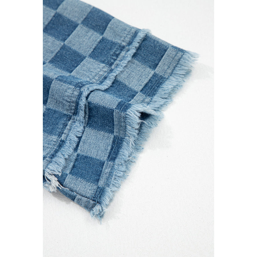Sky Blue Frayed Hem Checkered Denim Mini Dress Dresses/Mini Dresses
