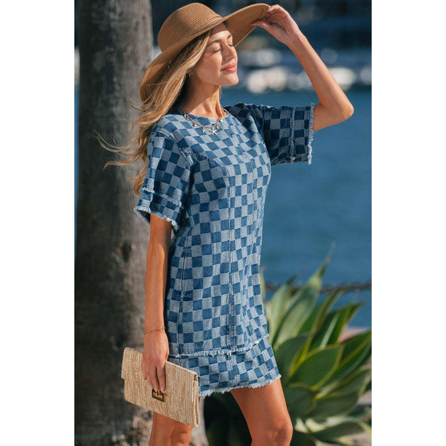 Sky Blue Frayed Hem Checkered Denim Mini Dress Dresses/Mini Dresses