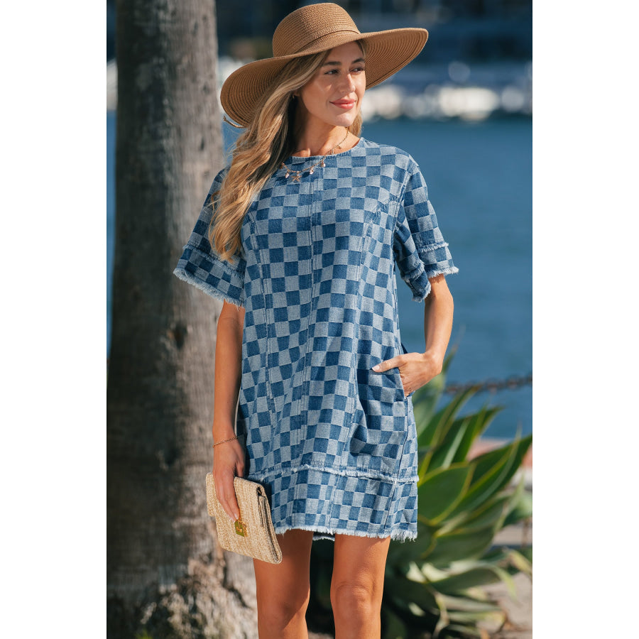 Sky Blue Frayed Hem Checkered Denim Mini Dress Dresses/Mini Dresses