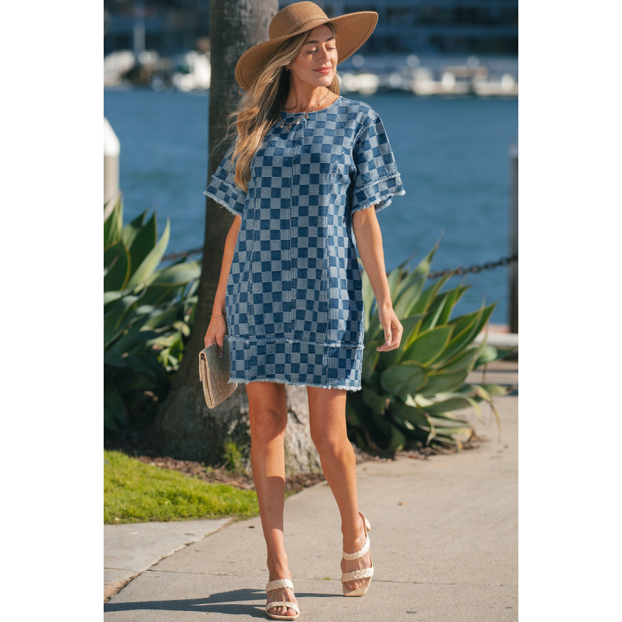 Sky Blue Frayed Hem Checkered Denim Mini Dress Dresses/Mini Dresses