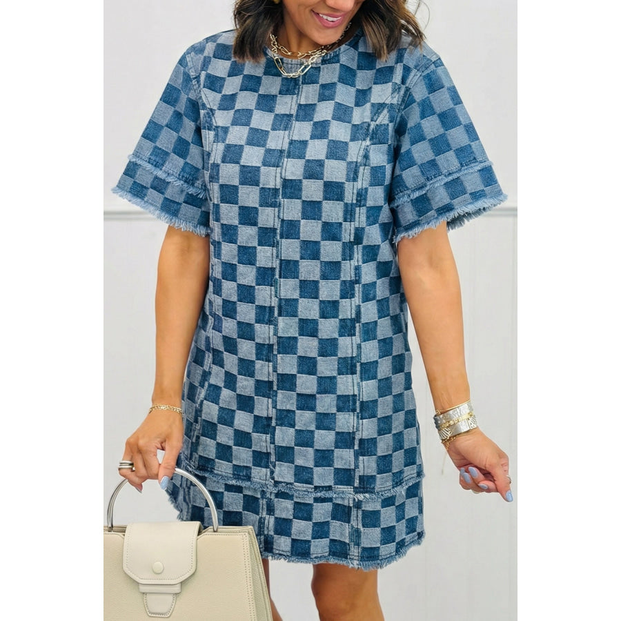Sky Blue Frayed Hem Checkered Denim Mini Dress Sky Blue / S / 56% Cotton + 44% Polyester Dresses/Mini Dresses