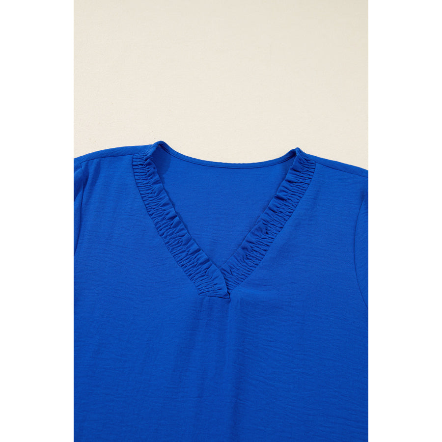 Sky Blue Frilled V Neck Bracelet Sleeve Shift Mini Dress Dresses/Mini Dresses
