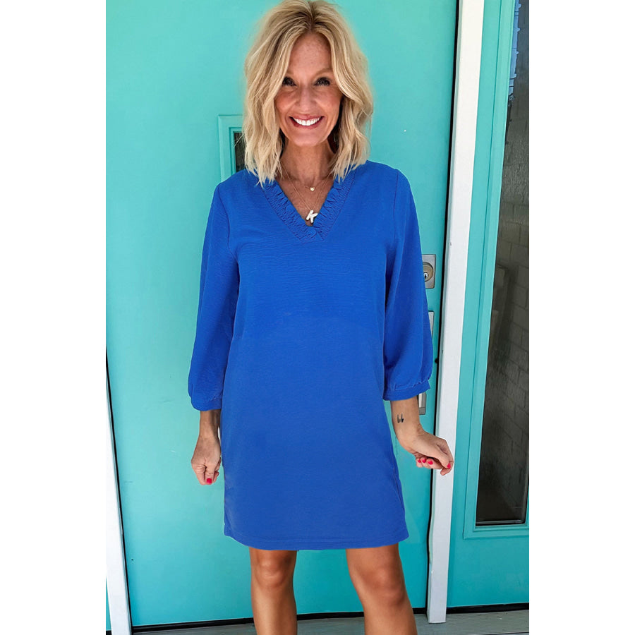 Sky Blue Frilled V Neck Bracelet Sleeve Shift Mini Dress Sky Blue / S / 100% Polyester Dresses/Mini Dresses