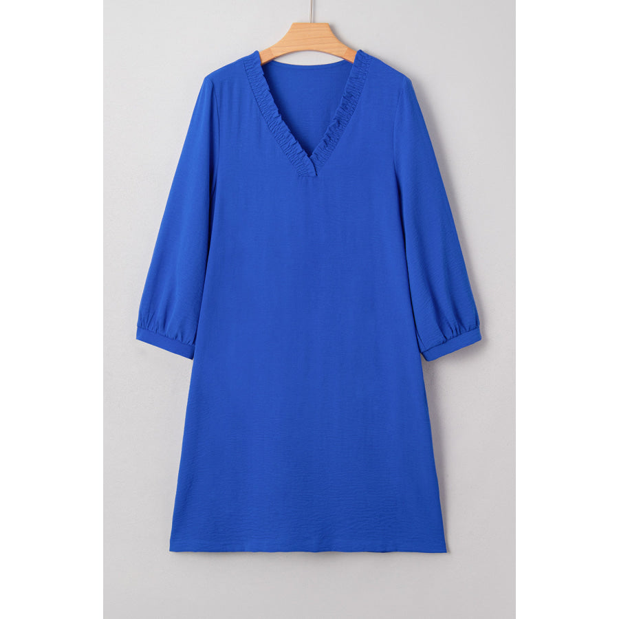 Sky Blue Frilled V Neck Bracelet Sleeve Shift Mini Dress Dresses/Mini Dresses