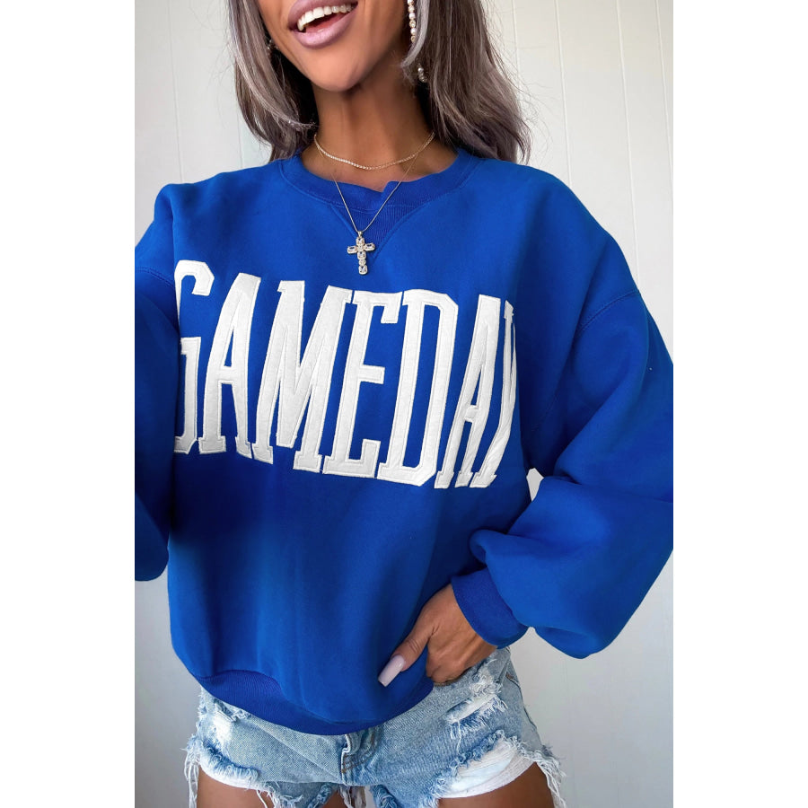 Sky Blue GAMEDAY Embroidered Patch Pattern Casual Shift Sweatshirt Sky Blue / S / 65% Polyester + 35% Cotton Tops/Sweatshirts & Hoodies