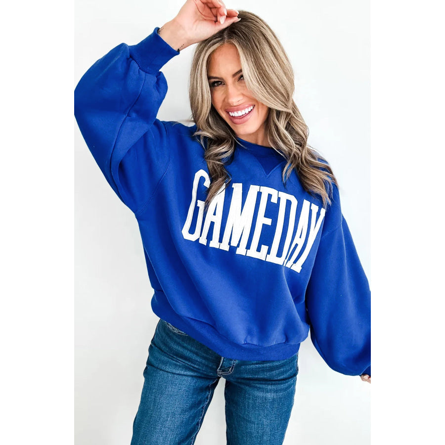 Sky Blue GAMEDAY Embroidered Patch Pattern Casual Shift Sweatshirt Tops/Sweatshirts & Hoodies