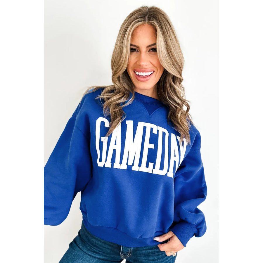 Sky Blue GAMEDAY Embroidered Patch Pattern Casual Shift Sweatshirt Tops/Sweatshirts & Hoodies