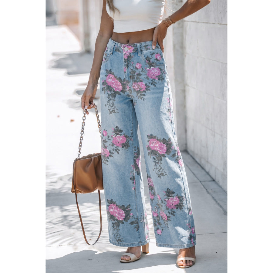 Sky Blue Garden Floral Print Bootcut Jeans Sky Blue / 4 / 65% Cotton + 35% Polyester Bottoms/Jeans