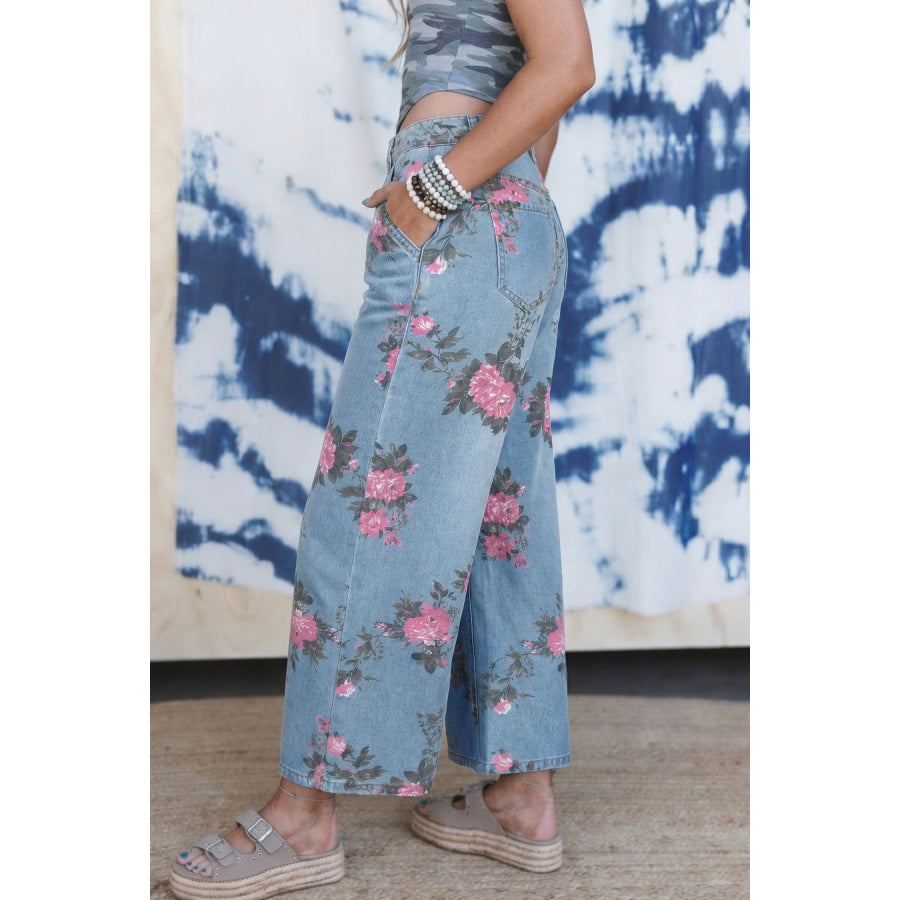 Sky Blue Garden Floral Print Bootcut Jeans Bottoms/Jeans