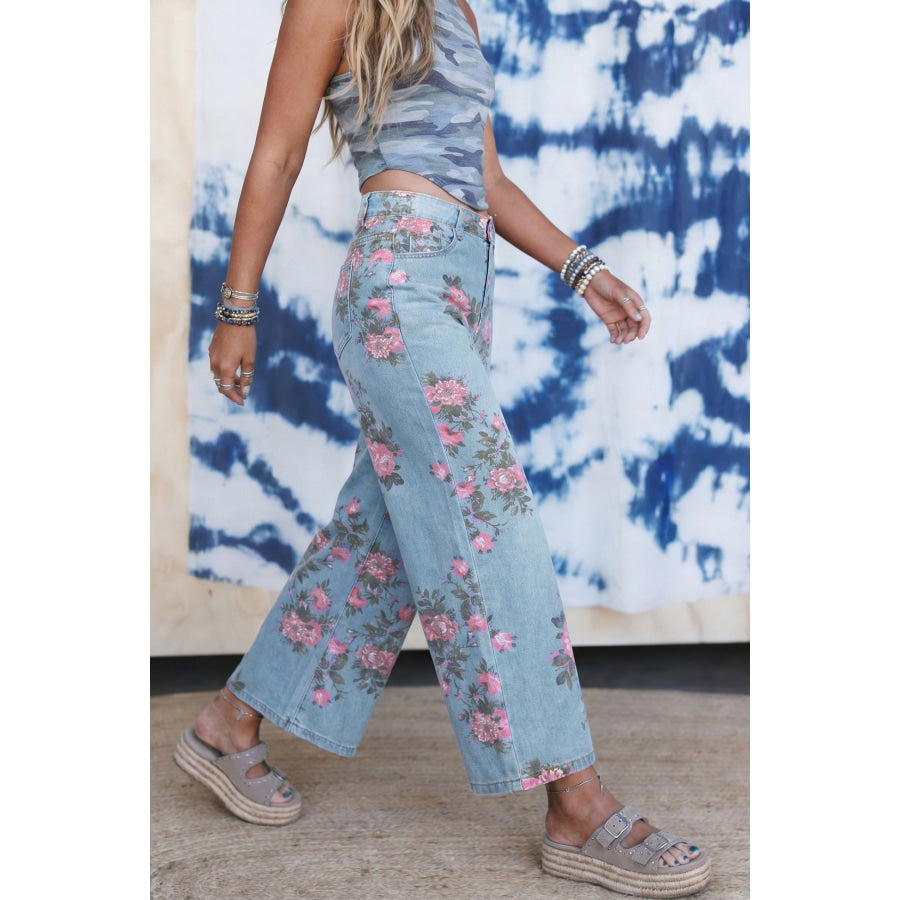 Sky Blue Garden Floral Print Bootcut Jeans Bottoms/Jeans