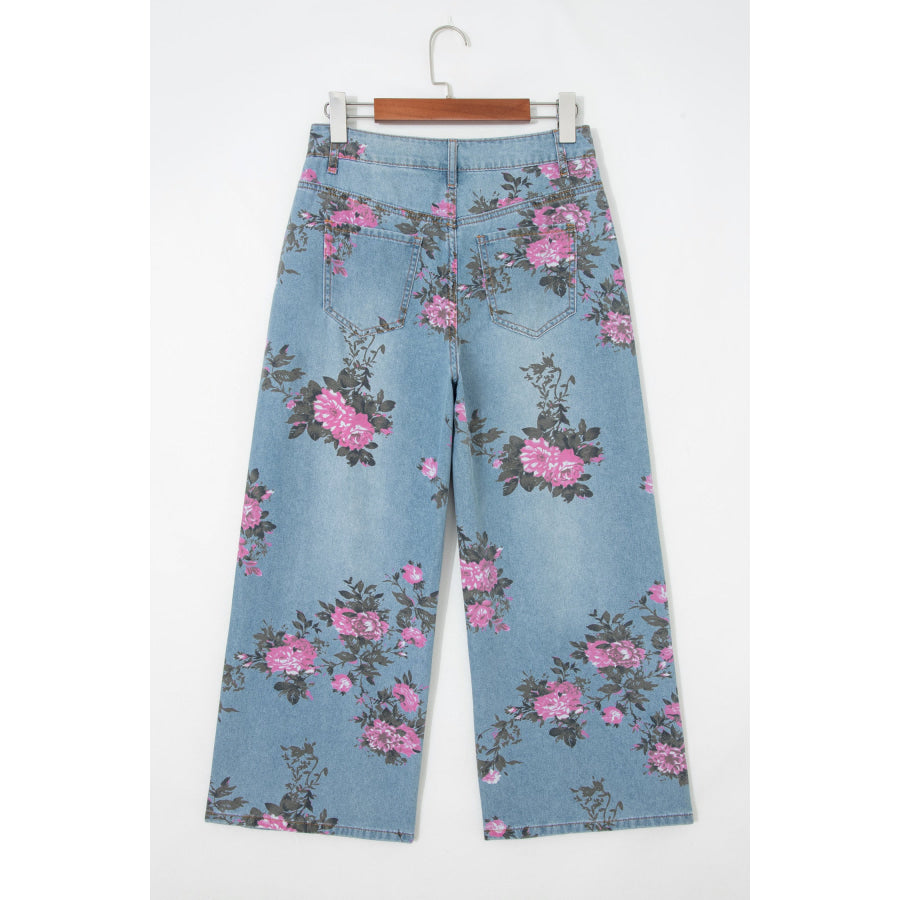Sky Blue Garden Floral Print Bootcut Jeans Bottoms/Jeans
