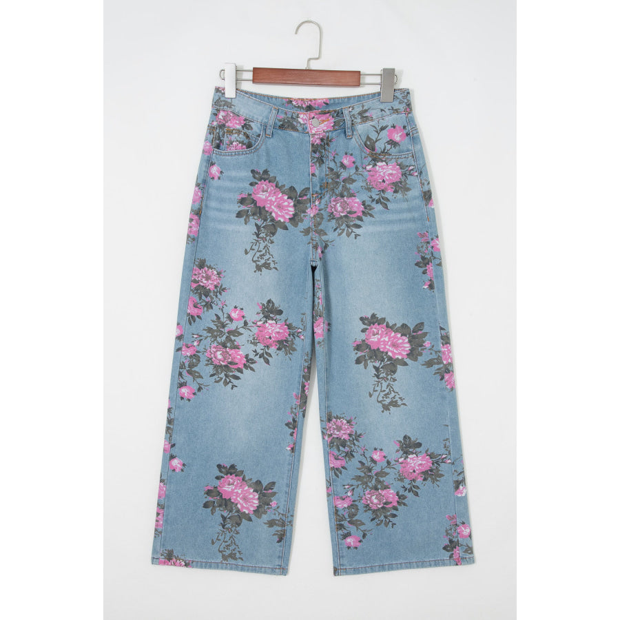 Sky Blue Garden Floral Print Bootcut Jeans Bottoms/Jeans