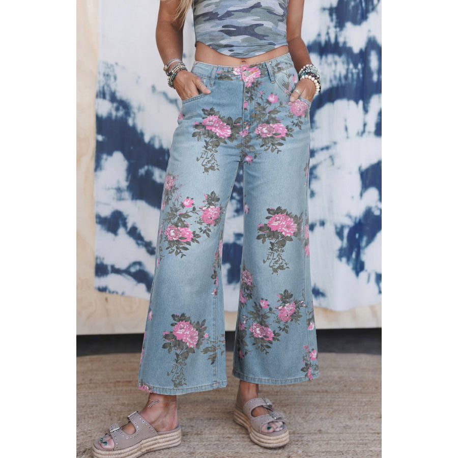 Sky Blue Garden Floral Print Bootcut Jeans Bottoms/Jeans