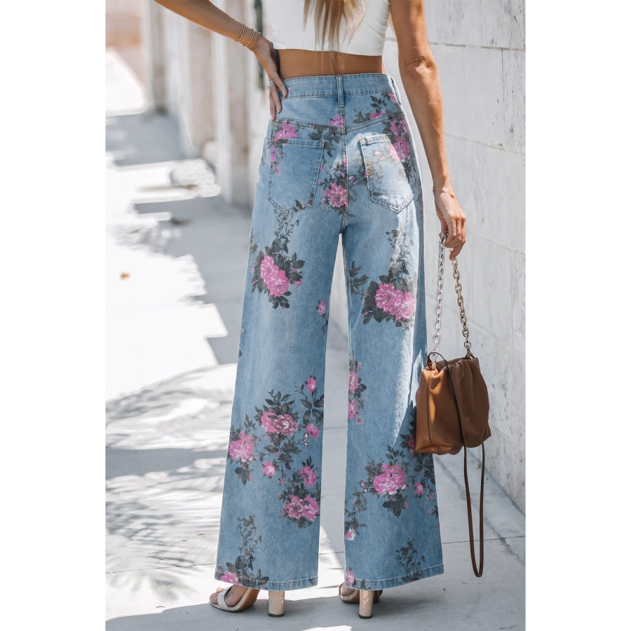 Sky Blue Garden Floral Print Bootcut Jeans Sky Blue / 4 / 65% Cotton + 35% Polyester Bottoms/Jeans