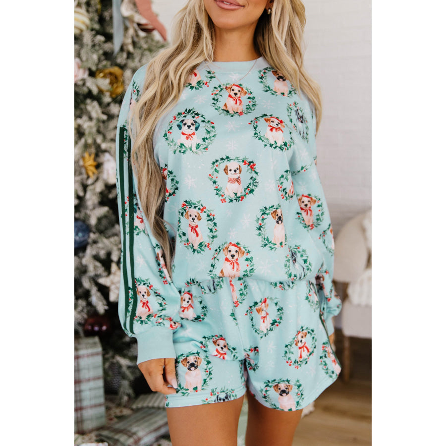 Sky Blue Holiday Puppies Wreath Print Pocket Sweatshirt and Shorts Set Loungewear & Sleepwear/Loungewear