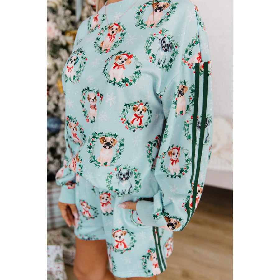 Sky Blue Holiday Puppies Wreath Print Pocket Sweatshirt and Shorts Set Loungewear & Sleepwear/Loungewear