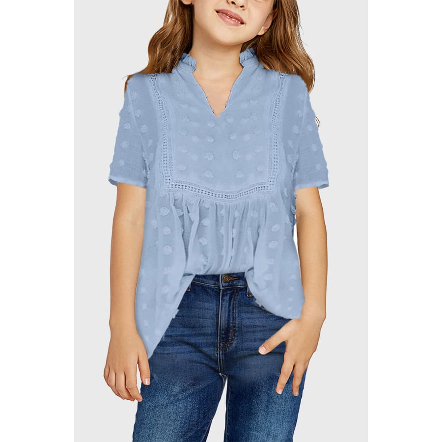 Sky Blue Little Girl Swiss Dot Short Sleeve Flowy Top Sky blue / (10Y-11Y)XL Blouses