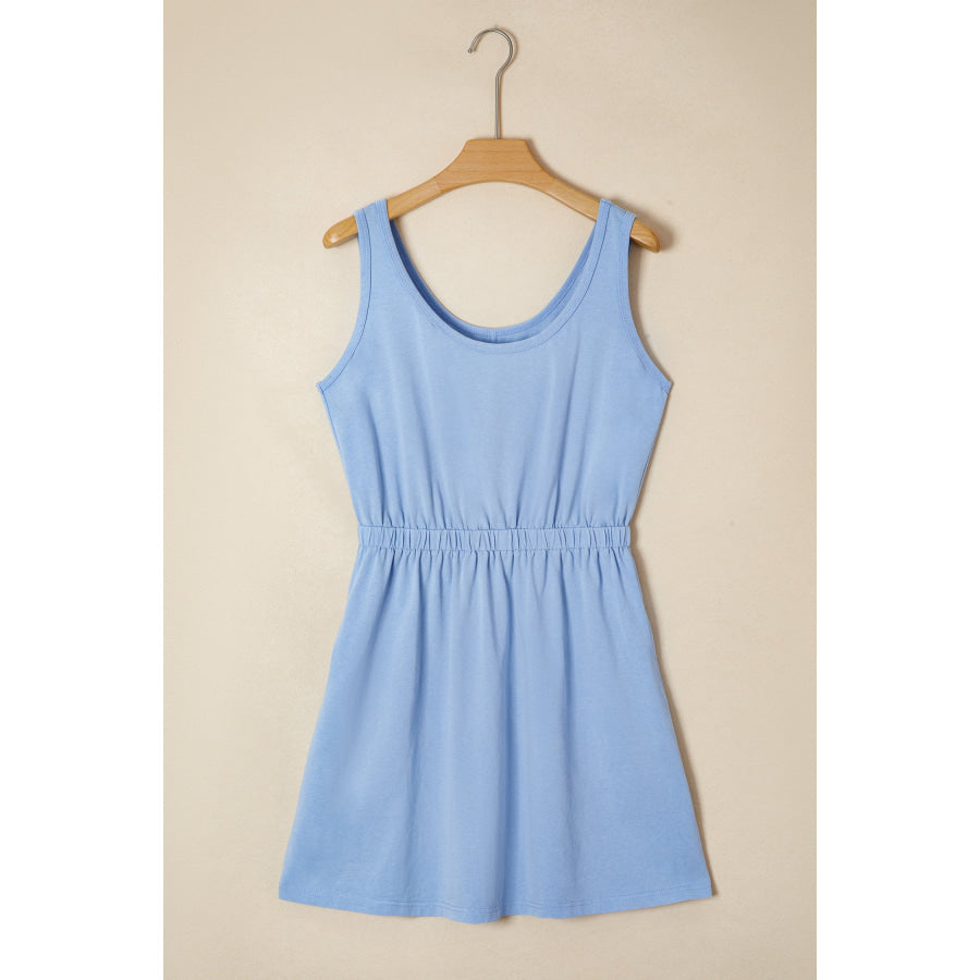 Sky Blue Mineral Wash Elastic Waist Tank Dress with Side Pockets Dresses/Mini Dresses