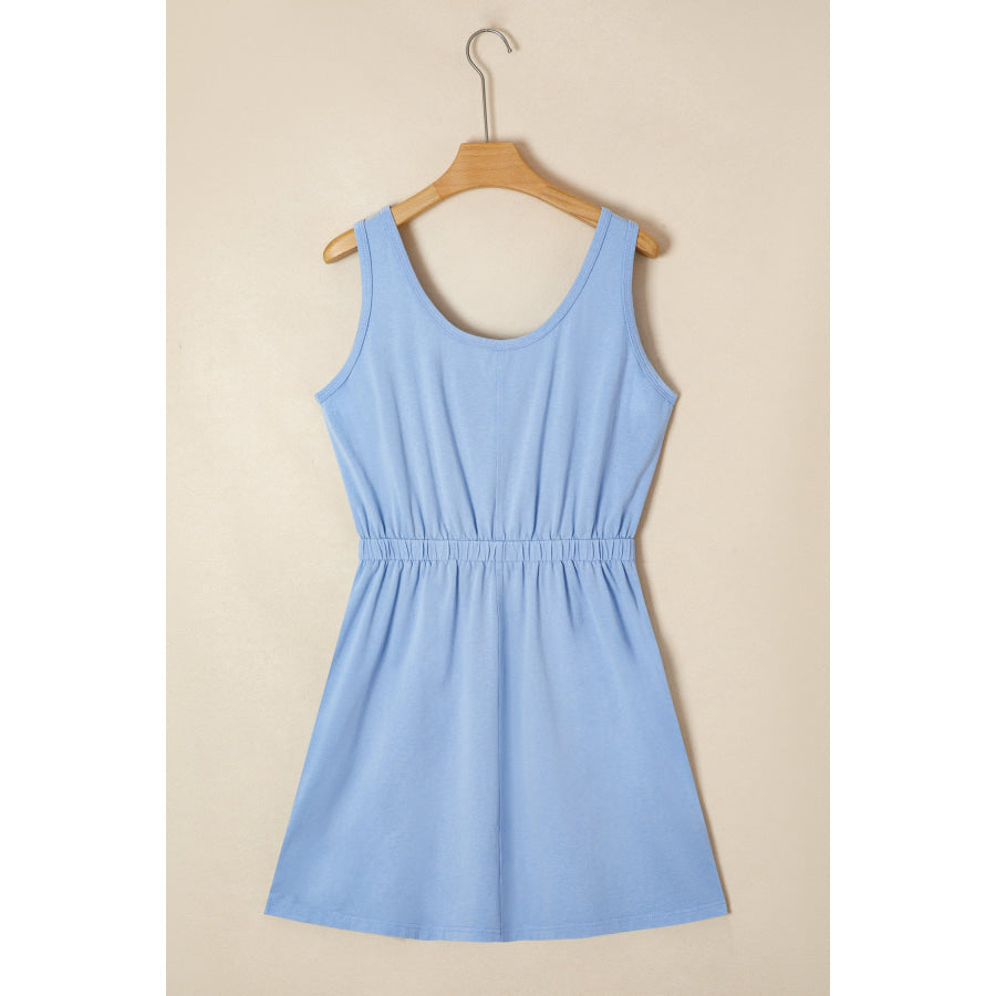 Sky Blue Mineral Wash Elastic Waist Tank Dress with Side Pockets Dresses/Mini Dresses