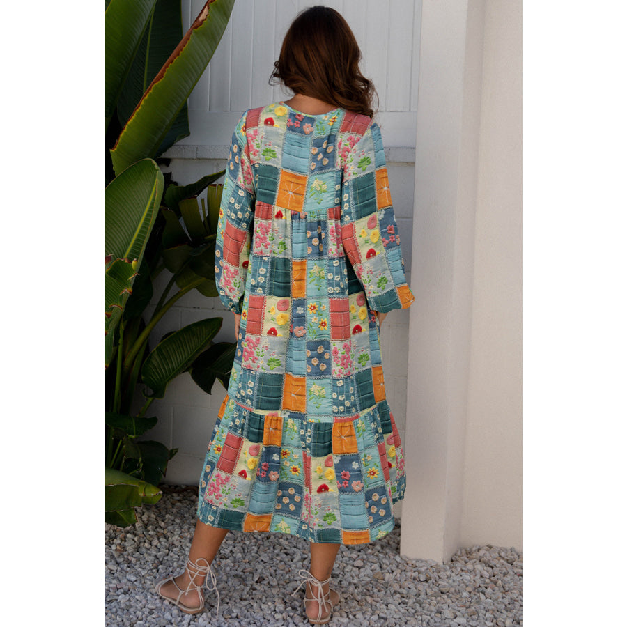 Sky Blue Mix Floral Checkered Pattern Bubble Sleeve Ruffle Hem Dress Dresses/Maxi Dresses
