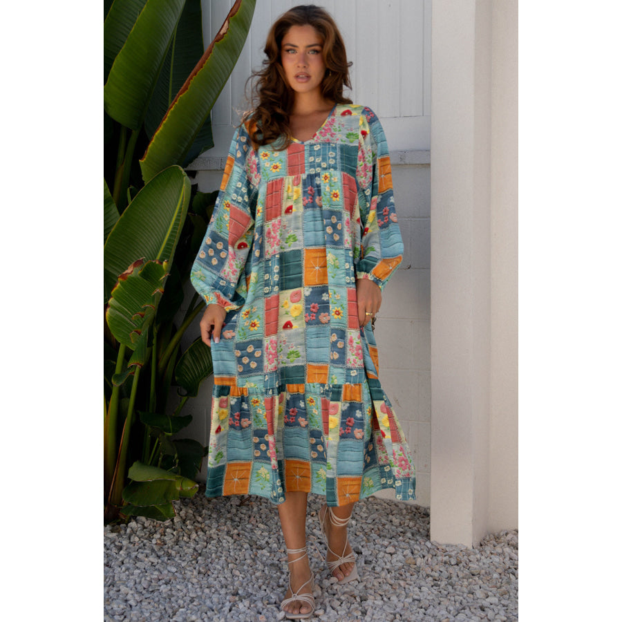 Sky Blue Mix Floral Checkered Pattern Bubble Sleeve Ruffle Hem Dress Dresses/Maxi Dresses
