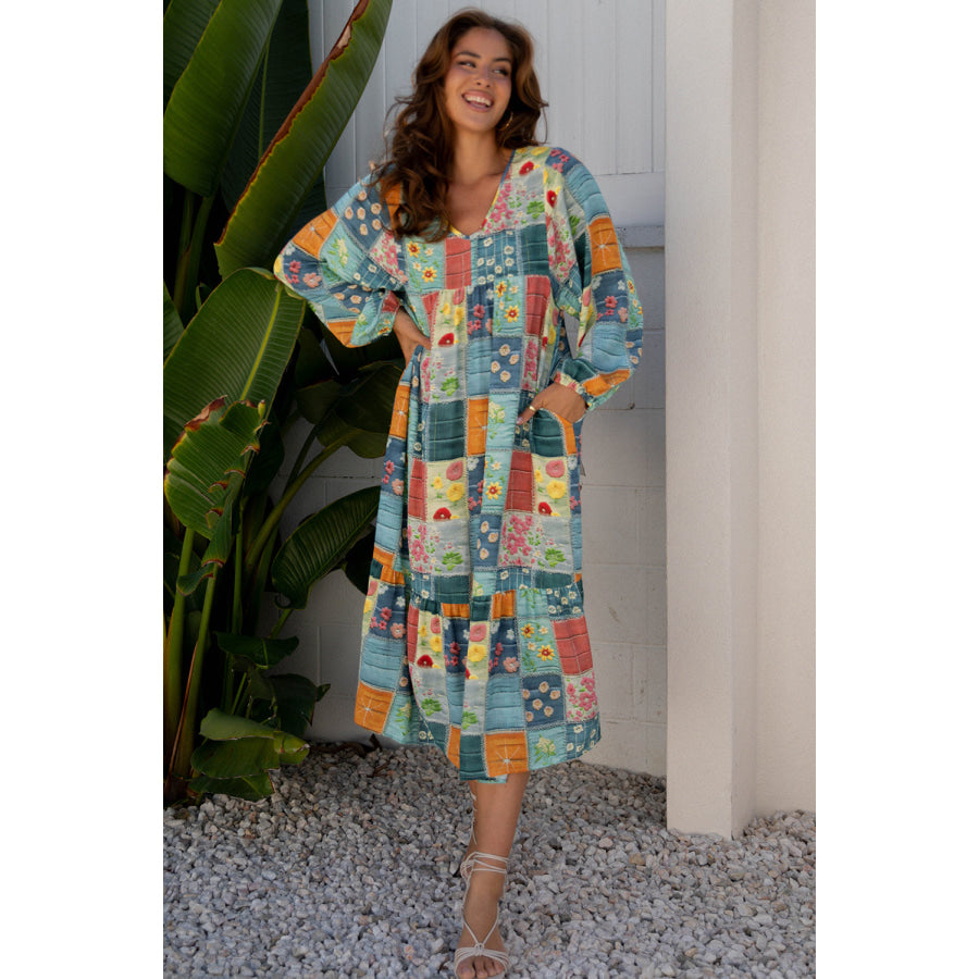 Sky Blue Mix Floral Checkered Pattern Bubble Sleeve Ruffle Hem Dress Sky Blue / S / 100% Polyester Dresses/Maxi Dresses