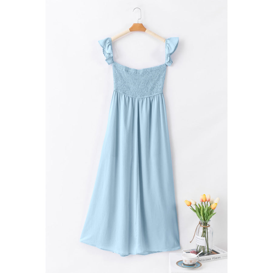 Sky Blue Off Shoulder Ruched Bust Sheer Slit Maxi Dress Dresses/Maxi Dresses