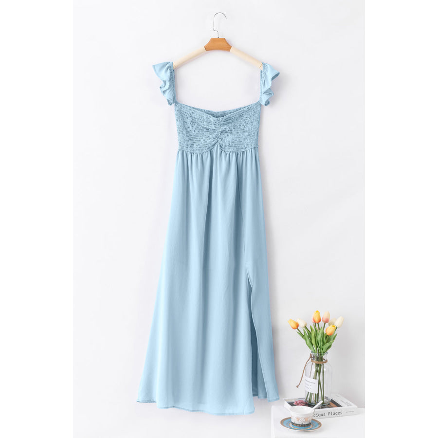 Sky Blue Off Shoulder Ruched Bust Sheer Slit Maxi Dress Dresses/Maxi Dresses