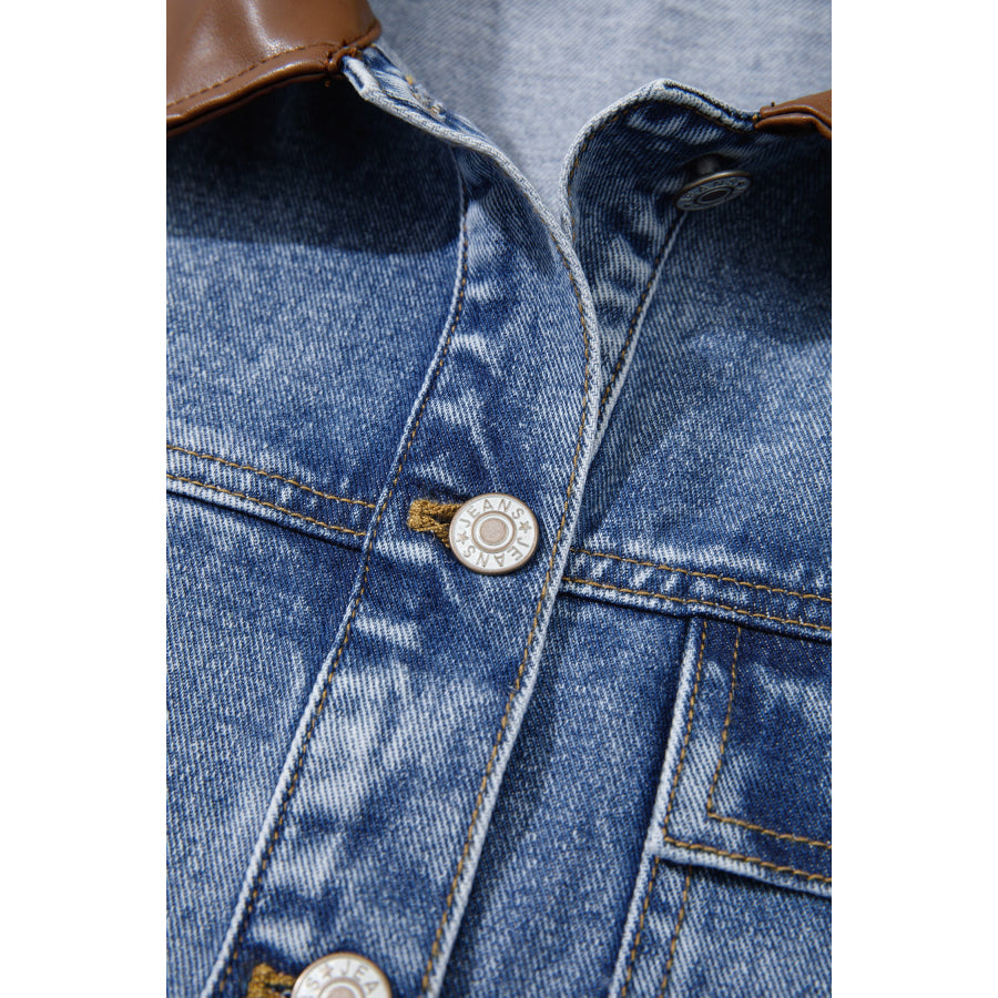 Sky Blue Patchwork Leather Collar Long Sleeve Denim Jacket Outerwear/Denim jackets