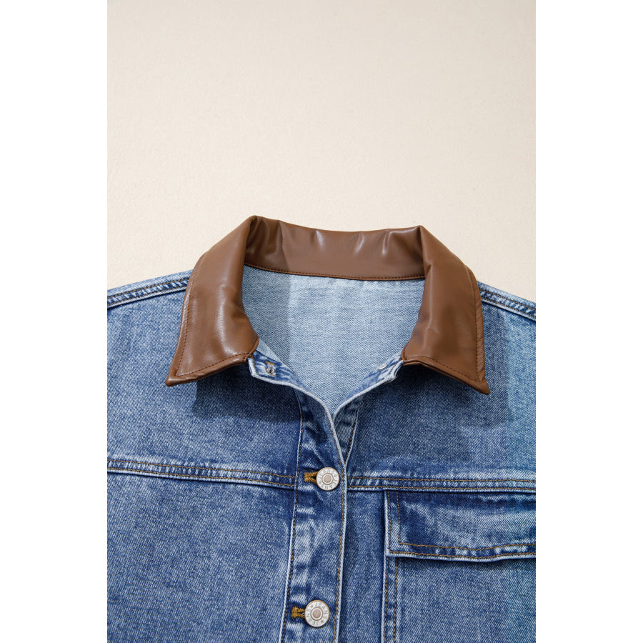 Sky Blue Patchwork Leather Collar Long Sleeve Denim Jacket Outerwear/Denim jackets