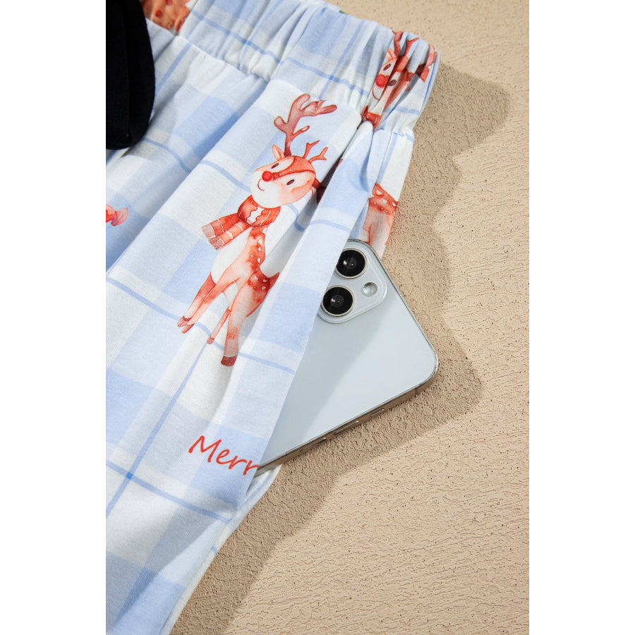 Sky Blue Plaid Cartoon Christmas Pattern Shirt Top 2pcs Pajama Set Loungewear & Sleepwear/Loungewear