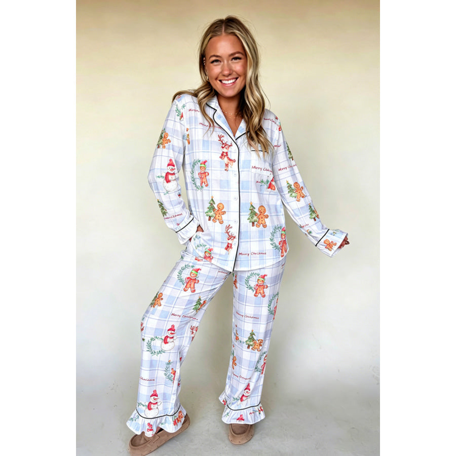 Sky Blue Plaid Cartoon Christmas Pattern Shirt Top 2pcs Pajama Set / S / 95% Polyester + 5% Elastane Loungewear & Sleepwear/Loungewear