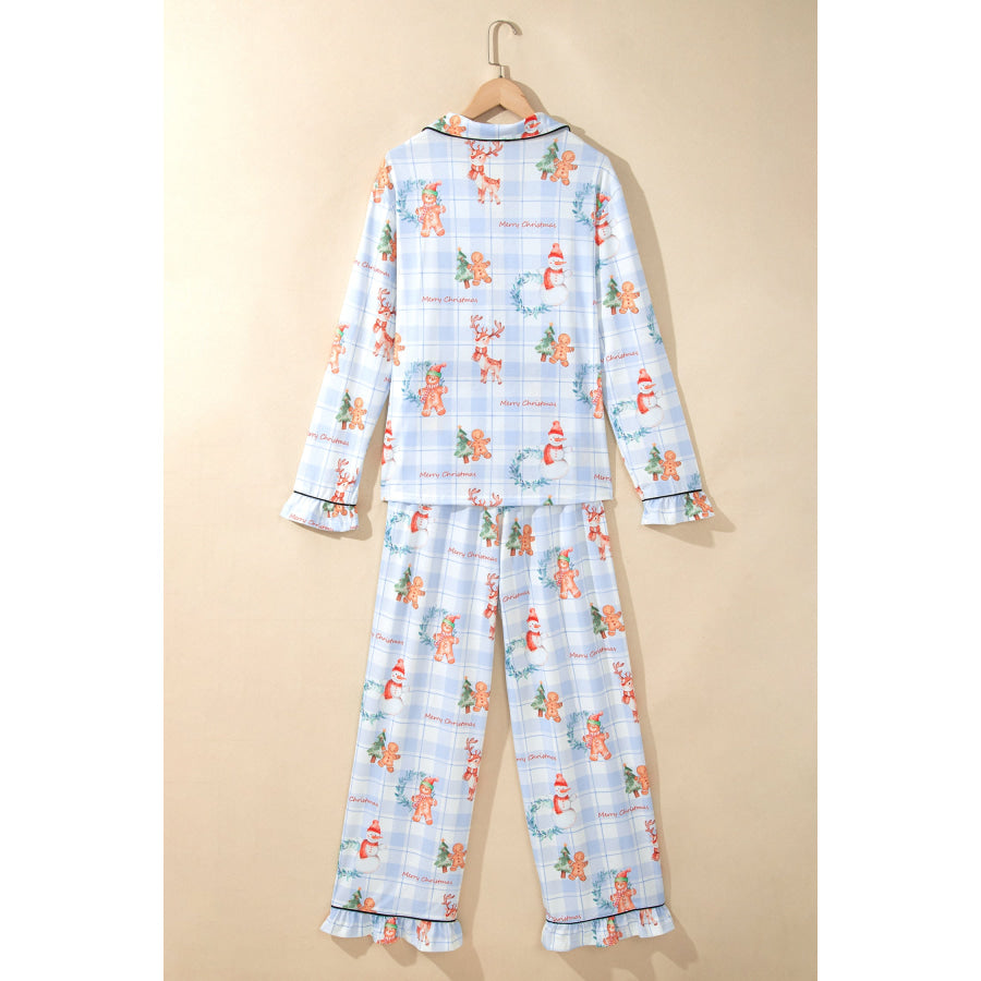 Sky Blue Plaid Cartoon Christmas Pattern Shirt Top 2pcs Pajama Set Loungewear & Sleepwear/Loungewear