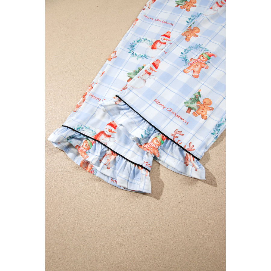 Sky Blue Plaid Cartoon Christmas Pattern Shirt Top 2pcs Pajama Set Loungewear & Sleepwear/Loungewear