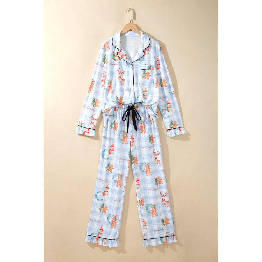 Sky Blue Plaid Cartoon Christmas Pattern Shirt Top 2pcs Pajama Set Loungewear & Sleepwear/Loungewear