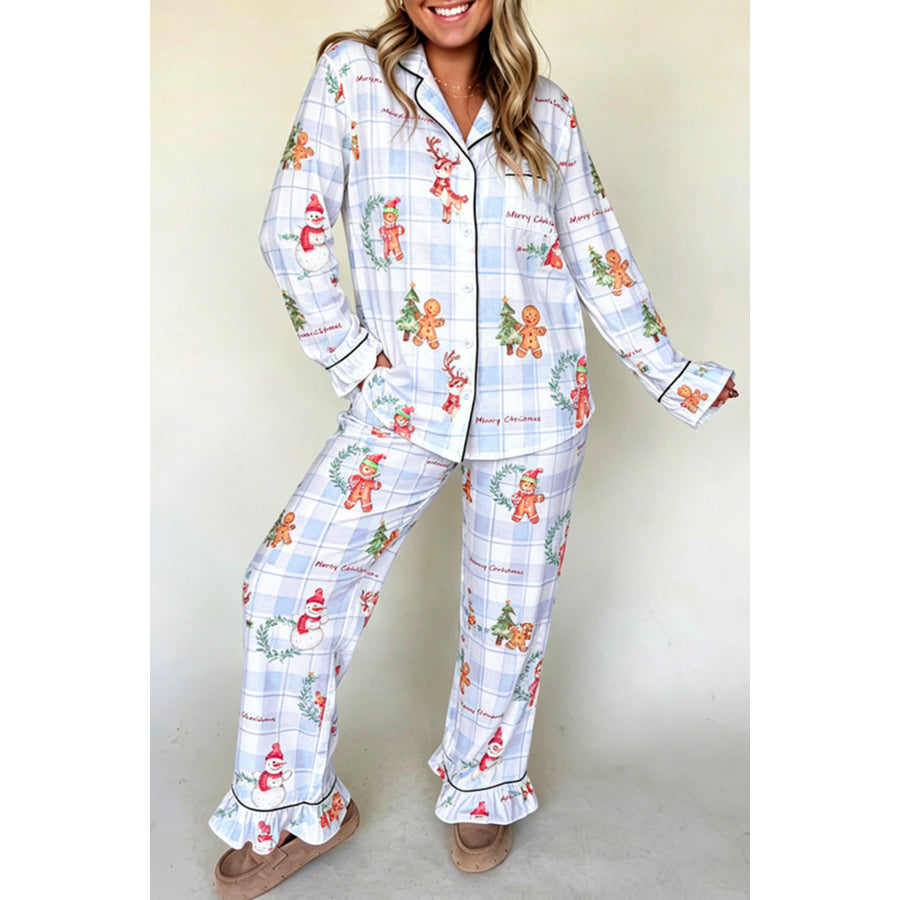 Sky Blue Plaid Cartoon Christmas Pattern Shirt Top 2pcs Pajama Set / S / 95% Polyester + 5% Elastane Loungewear & Sleepwear/Loungewear