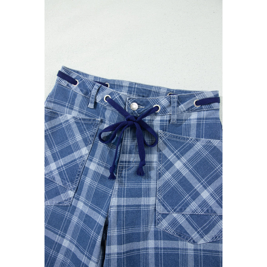 Sky Blue Plaid Denim Grommet Drawstring Waist Ankle-Length Jeans Bottoms/Jeans