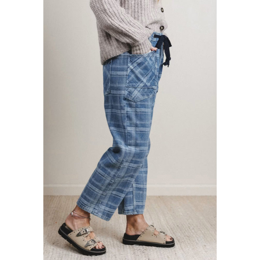 Sky Blue Plaid Denim Grommet Drawstring Waist Ankle-Length Jeans Bottoms/Jeans