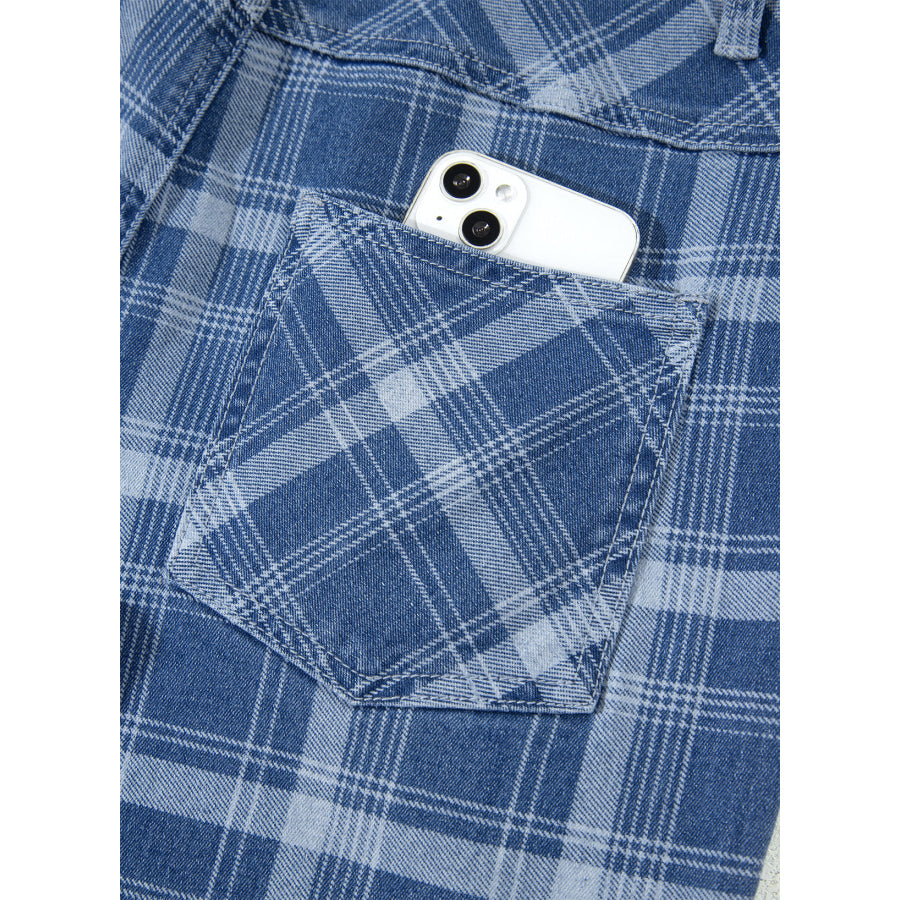 Sky Blue Plaid Denim Grommet Drawstring Waist Ankle-Length Jeans Bottoms/Jeans