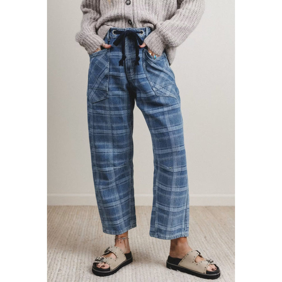 Sky Blue Plaid Denim Grommet Drawstring Waist Ankle-Length Jeans Bottoms/Jeans