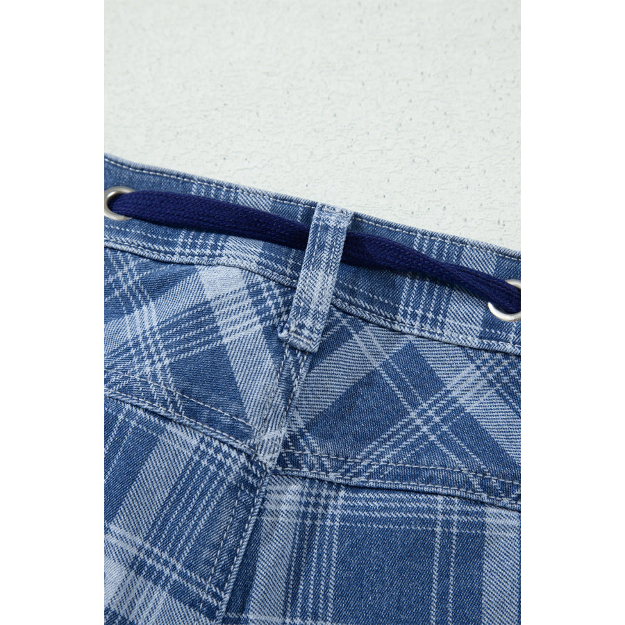 Sky Blue Plaid Denim Grommet Drawstring Waist Ankle-Length Jeans Bottoms/Jeans
