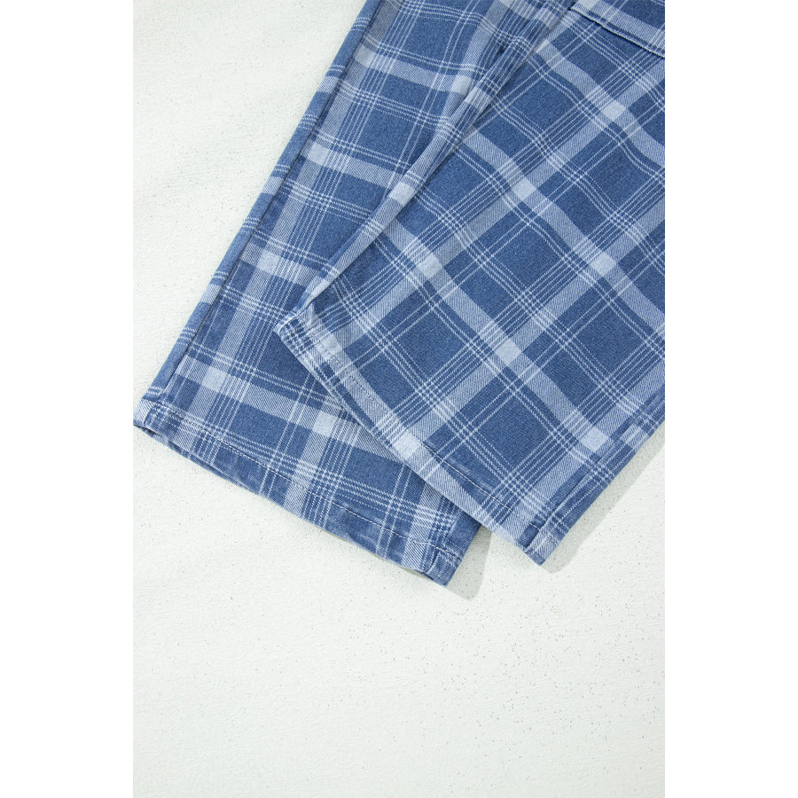 Sky Blue Plaid Denim Grommet Drawstring Waist Ankle-Length Jeans Bottoms/Jeans