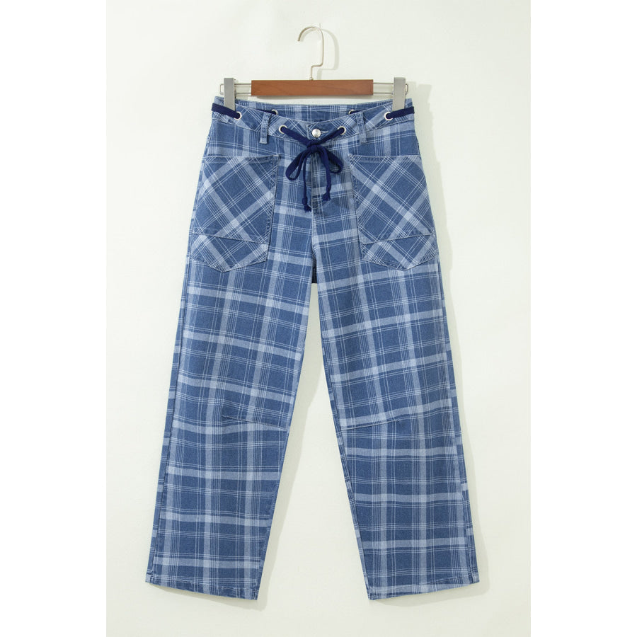 Sky Blue Plaid Denim Grommet Drawstring Waist Ankle-Length Jeans Bottoms/Jeans