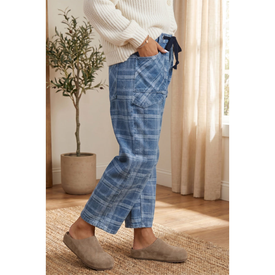 Sky Blue Plaid Denim Grommet Drawstring Waist Ankle-Length Jeans Bottoms/Jeans