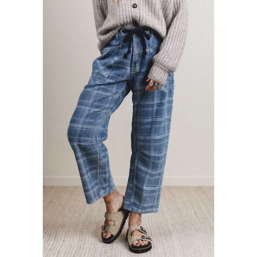 Sky Blue Plaid Denim Grommet Drawstring Waist Ankle-Length Jeans Bottoms/Jeans