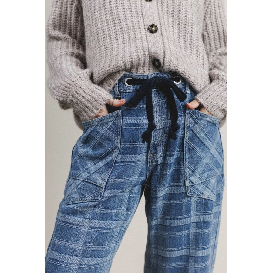 Sky Blue Plaid Denim Grommet Drawstring Waist Ankle-Length Jeans Bottoms/Jeans